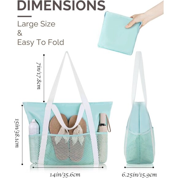 Women Tiff Beach Bag Large Waterproof Sandproof Foldable Tote With Zipper Mesh - Picture 3 of 7